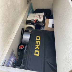 Media 'under the foot of the helm storage' in album 'SIMRAD w/ suzuki's - engines last serviced at 300hrs 
JUST out of view - Fusion Stereo w/2 interior 2 exterior speakers.'