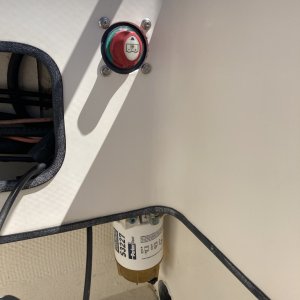 Media '1/2/both/off battery switch
2x27 for each engine - no house batteries.' in album 'SIMRAD w/ suzuki's - engines last serviced at 300hrs 
JUST out of view - Fusion Stereo w/2 interior 2 exterior speakers.'