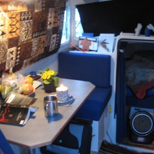 Media 'Hawaii'n fabric curtains rolled down  teak batten above window with button snaps' in album 'Kerri On first look Oct 2010, one of the first 2011's'