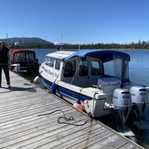 Jody?s Voyager with Suzuki 140 & our HunkyDory with twin Honda 60?s at Eagle Bay. We are both pleased with our upgraded motors