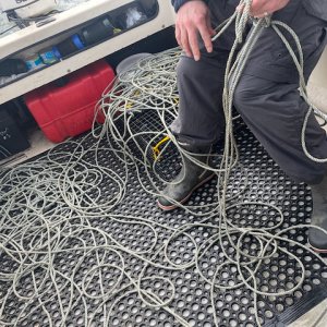The annual ritual untangling of the shrimp pot rope. We finally got frustrated enough to try out the Beau Mac Rope Winder.