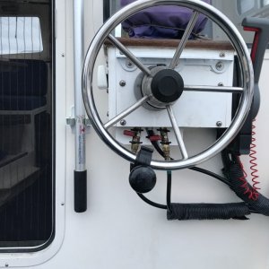 View of cockpit helm and shutoff valves