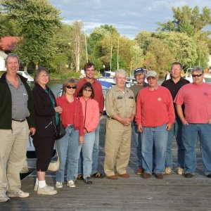 Rick and Carol (Hunky Dory), Becky (Crescent Girl), Nate and Betsy (TBN), Pete, David (Alma's Only), Fred (Inn the Water), Terry (The Last Dance), Ray (Island Trade)at the dock in Brewerton.