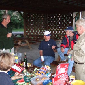 Becky, Rick, Terry, David, and Pete waiting for the pizza delivery.