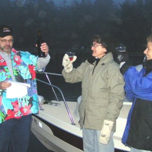 (Pat Anderson) Rev Jim christening boat-y-sattva - to the sea, to the sailers of old, to boat-y-sattva!