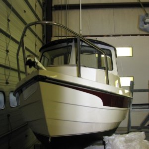 C-Dory 16 Cruiser after bottom paint appliedview -- Head-on View. If you look real closely under the roof overhang you can see the horn
