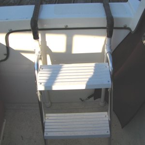 Boarding Ladder inside view.  Garelick ladder was fitted to homemade PVC assembly. Note that we added another pair of legs for increased stability.