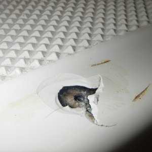 Chipped jel coat on gunnel, from movement on SS step plate, working screw loose.
