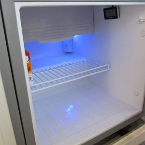 Media 'Cool blue LED alone is worth $900, right?' in album 'cutout mod for new fridge, DC muffin fan to left ventilates cabinet'