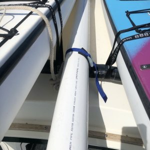 Media 'PVC Fender storage - keep it tied to roof rack then simply lift over kayak and hold with 2 ft cinch stops (ft & rr)' in album 'Fender Board side view'