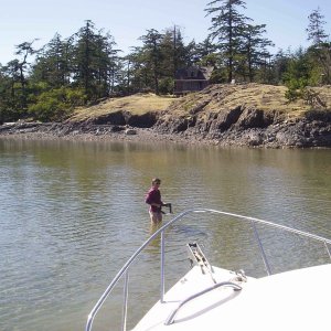 Media 'Anne demonstrating shallow water anchoring techniques' in album 'Alaska Cruise Ship headed norht viewed from our anchorage through a gap in the islands'