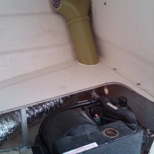 Media 'another view of AC with PVC pipe exposed duct and grille (replacement shower strainer)' in album 'fabricated condensate pan w.pump'