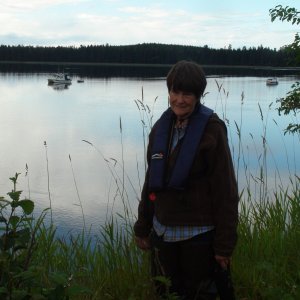 Jolee on shore in front of Portage Bay, Kupreanof Island