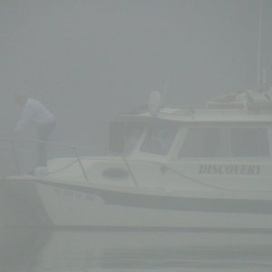Dixie retrieving anchor in thick fog, Cleveland Passage near Cape Fenshaw