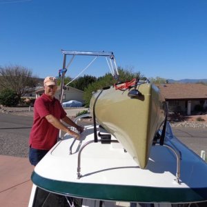 Media 'Front view of the secure kayak.' in album 'Close-up of our newly installed Garhauer Lift after lifting our 87 pound Hobie Mirage Tandem Kayak securely on top of Katmai.'