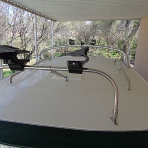 Yakima Kayak supports.  Stern supports fit on rocket launcher bar.  Bow fits on the stainless tubing Casey designed.