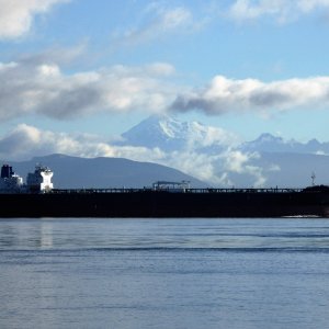 Tanker passing in front of Mount Baker. Lots of marine traffic through here!