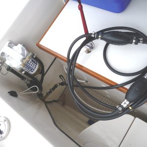 Media '8. This quick connect line pump has a male "Yamaha" fitting on one end and a screwed on stopper on the other end. We can now pump fuel from either tank and have the volume measured by the fuel management meters. We use this to fill our 1000 Watt "Honda" Generator and our 2 hp "Honda" tender motor. Now we don't need to carry a portable fuel container on board. We could also pump fuel to someone else if need be or empty our tanks.' in album '1. Fuel Supply System.
2 - 30 U.S. gallon aluminum fuel tanks are out of the boat at this time.'