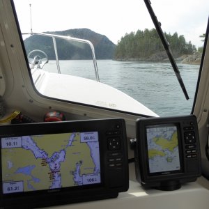 Approaching Surge Narrows about an hour before slack water, only flowing at 4 knots but still fun