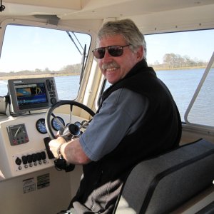 This is one happy captain at the helm on our first trip up the intercoastal waterway north of Apalachicola