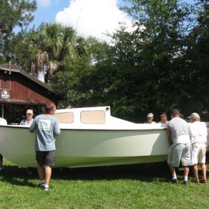 Media '(033 33)  Jack is about 80 and this is not the first boat he has built.  Perfect for the Indian River.' in album '(014 14) Window brackets disconnected and standing vertical to hold window open.  Blocks in place for AC to sit on.'