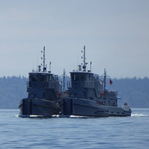 Two Army tugs tied together and heading north.