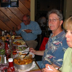 Fred, Dave and Becky feasting on Portugese food at Antonios\'s in New Bedford, MA 6/18/04