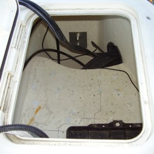 #8 Rear of lazarette minus trim tab wiring showing fore holder in place