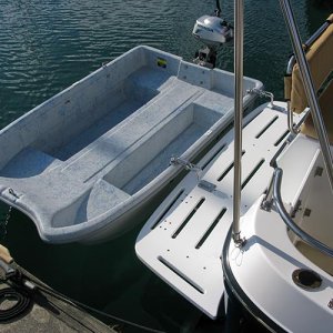 Livingston dinghy - swim deck - Weaver davits - Honda 2HP