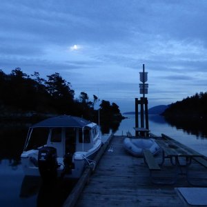 Media 'Moonrise over Fossil Bay, gets dark early this time of year! I think this was about 5 PM.' in album 'It's so nice to call ahead 15 minutes and arrive to find your boat in the water and ready to go!'