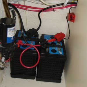 New, 6V house batteries, installed in the hanging locker.