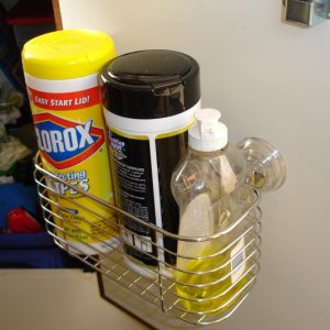 Handy suction cup rack from Bed Bath and Beyond. Instant storage addition.