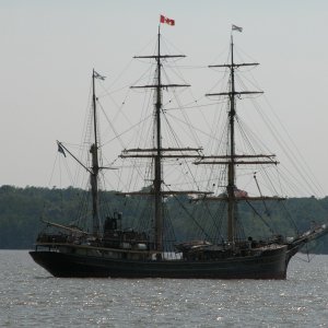 Passing astern, while on board the ferry, the tall ship, PICTON CASTLE, from Canada anchorded on the James River.