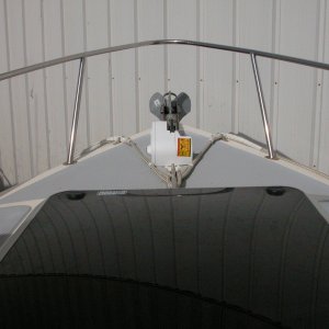Media 'Chock setup as viewed from cabin center window' in album 'New 4" bow chocks shown with 1/2" braid dock line with added  shaffing gear'