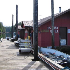 The floating building contains a fire boat , community hall, and post office.  The dock is a free Alaska state float.