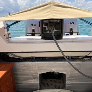 Media 'Made a canvas spray fly to keep the salt spray off of it when underway' in album 'Generator/ Utility fiberglass platform 
Cedar anchor locker for aft anchor.'