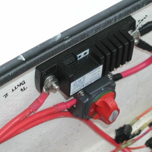 Media 'BlueSeas ACR and manual emergency start switch' in album 'Overhead Console in place with 2 Icom radios and Outback Inverter "Mate".'