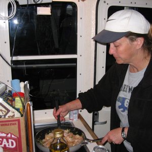 Fresh caught shrimp cooking on the Wallas Stove for dinner.