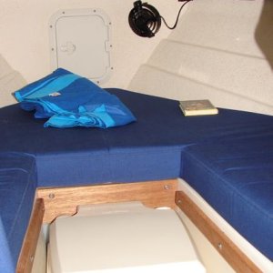 V berth with fans and porta pottie; filler cushion not shown