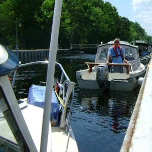 Dick onboard Sea Esta getting ready to drop 10 feet at South Mills lock