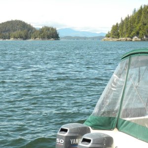 Inside Passage 2011 - View from Duncanby fuel dock.  Boat, canvas and motors all covered with salt spray from rounding Cape Caution.
