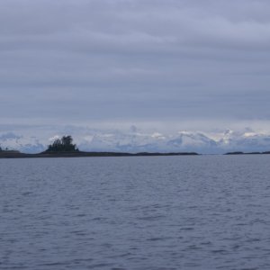 Inside Passage 2011 155 - Northbound, Frederick Sound, leaving Kake. Coast Mountain Range in the background.