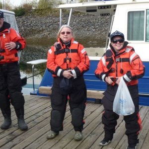 Media 'Boat crewmembers chatting dock side' in album 'First USCG Auxiliary patrol'