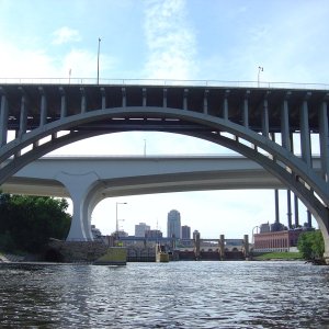 Trip from Minneapolis to Guttenberg, Iowa, on the upper Mississippi.
Heading north toward the Tenth Avenue Bridge in Minneapolis.