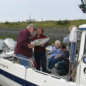 Aug.09; Where are we going??  5 women on board (oldest 94 yrs), went fishing, wind came up, "ralphing" commenced, trip over, back to port