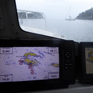Media 'Heading out early Sunday Morning. Winds have died, but now replaced with rain. Hey who is that Sleepy C on the plotter?' in album 'Fossil Bay CBGT 2018'