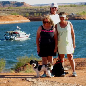 Patty, Russ, Toni and Baxter with Daydream and Traveler in Background at Bullfrog Bay 9-19-10