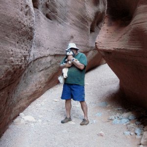 Pat and Baxter in Slot at Smith Fork Canyon 9-20-10
