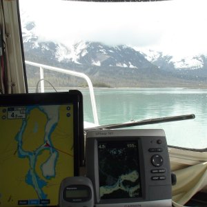 Exploring the normally restricted Adams Inlet ever changing glacier silt laden channels with chart image having little to do with actual channels.