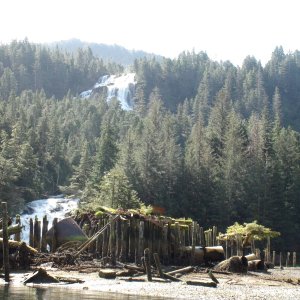 Old saltery & waterfalls at head of New Port Walters, east coast Baranof Island